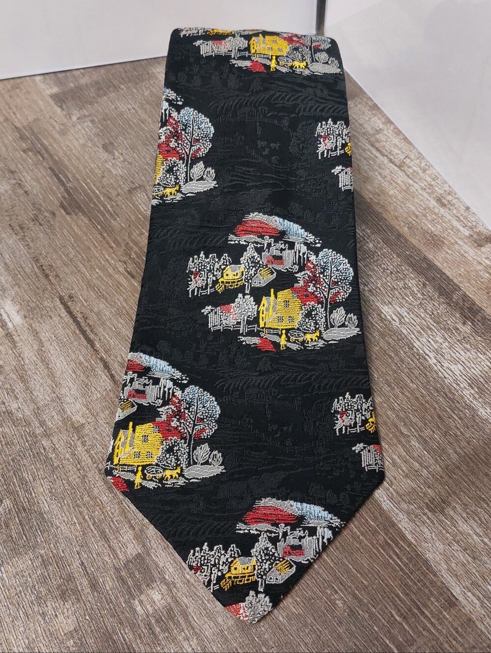Black Scenic Pattern PolyesterTie from X'andri with Yellow & Red Village Accents